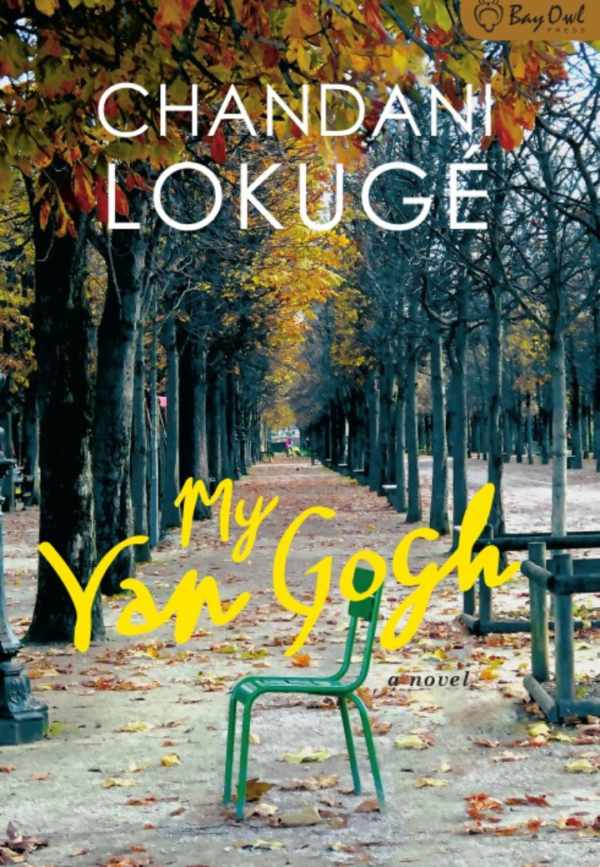 Cover of "My Van Gogh" by Chandani Lokuge, featuring a green chair on a leaf-strewn path lined with trees in autumn.