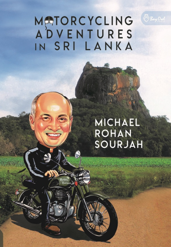 A cartoon-style illustration of a man on a Royal Enfield motorcycle, with a scenic Sri Lankan landscape and rock formations in the background.