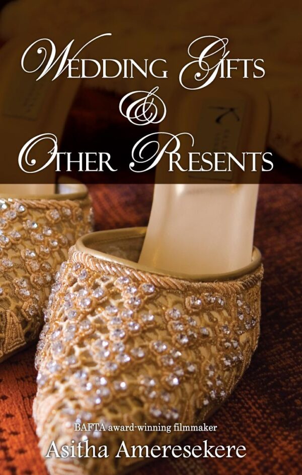 A close up image of a pair of heeled slip -on wedding shoes with an intricate design. Above the image is the title of the book written in curly letters.