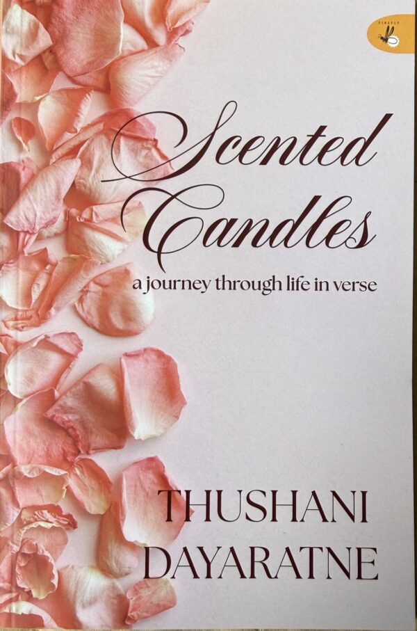 Plain light pink background, with rose petals on one side and text.