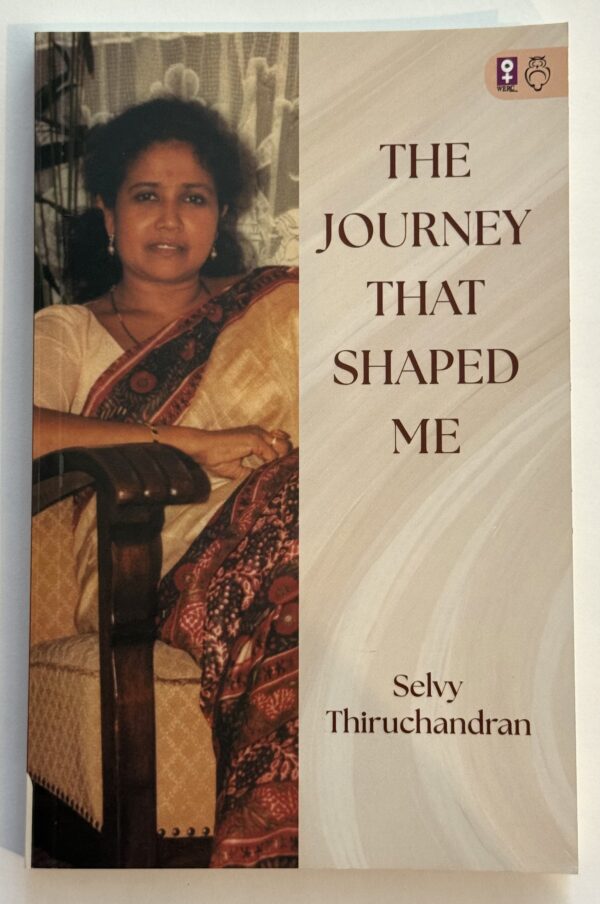 Author sitting on chair wearing a saree. text reads the journey that shaped me