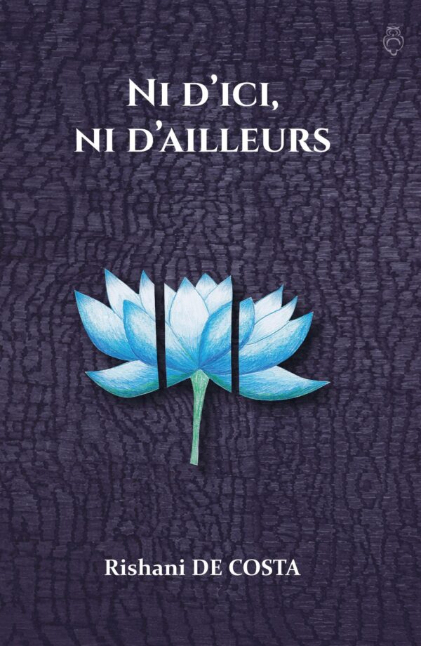 A light blue lotus flower in the centre against a dark grey, textured background. The lotus flower is divided into three by two vertical lines.