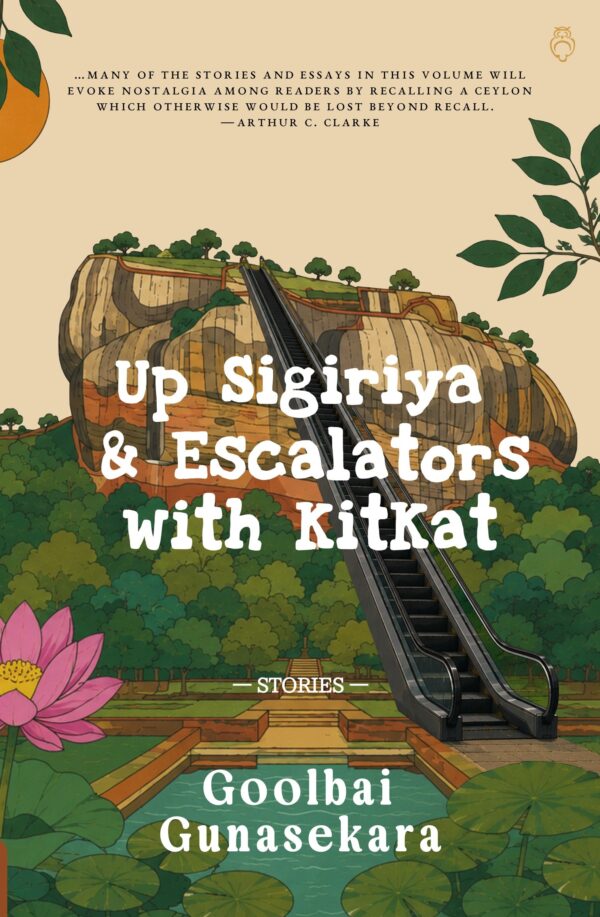 An illustration of the Sigiriya rock with an escalator going to the top.