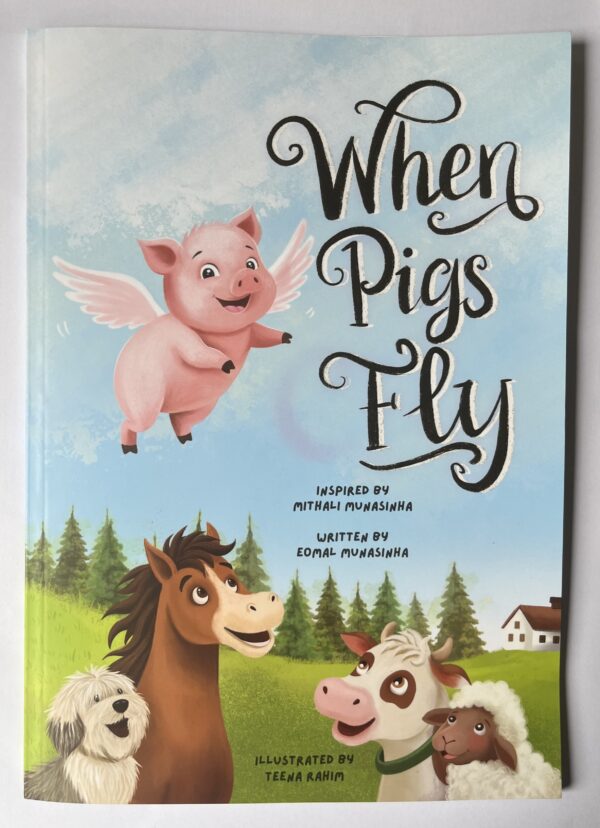 An illustration of a horse, a dog, a cow and a sheep in a meadow looking up smilingly at a flying pig.